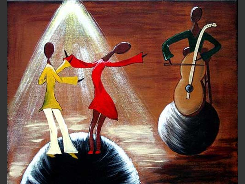 Naive wall painting depicting people dancing to music from a radio