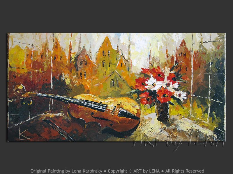 Original canvas painting with violin and flower bouquet